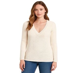 Calvin Klein Jean Women’s Large Ivory Long Sleeve Knit V Neck Top 100% cotton